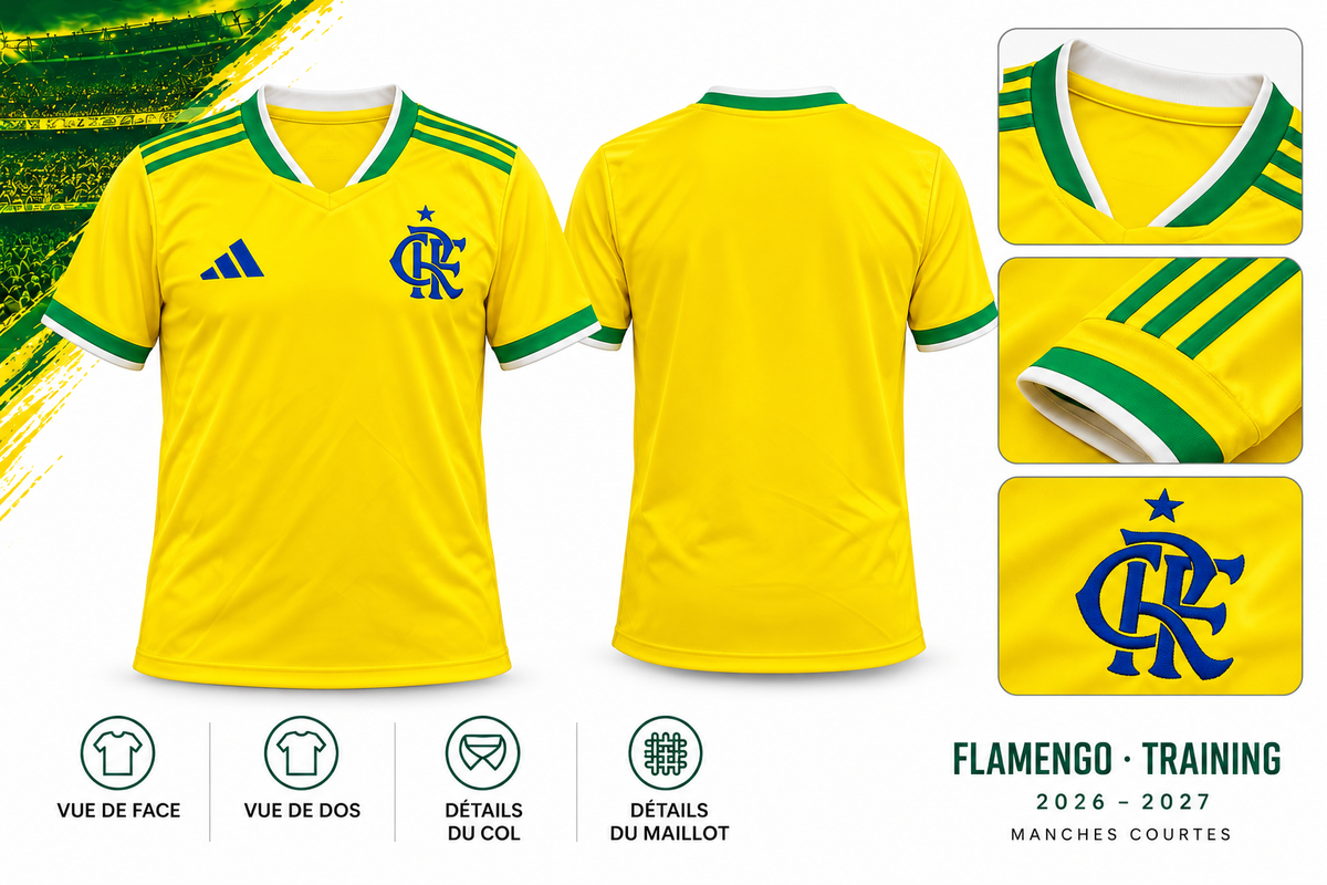 Maillot training Flamengo jaune – planche face, dos et détails