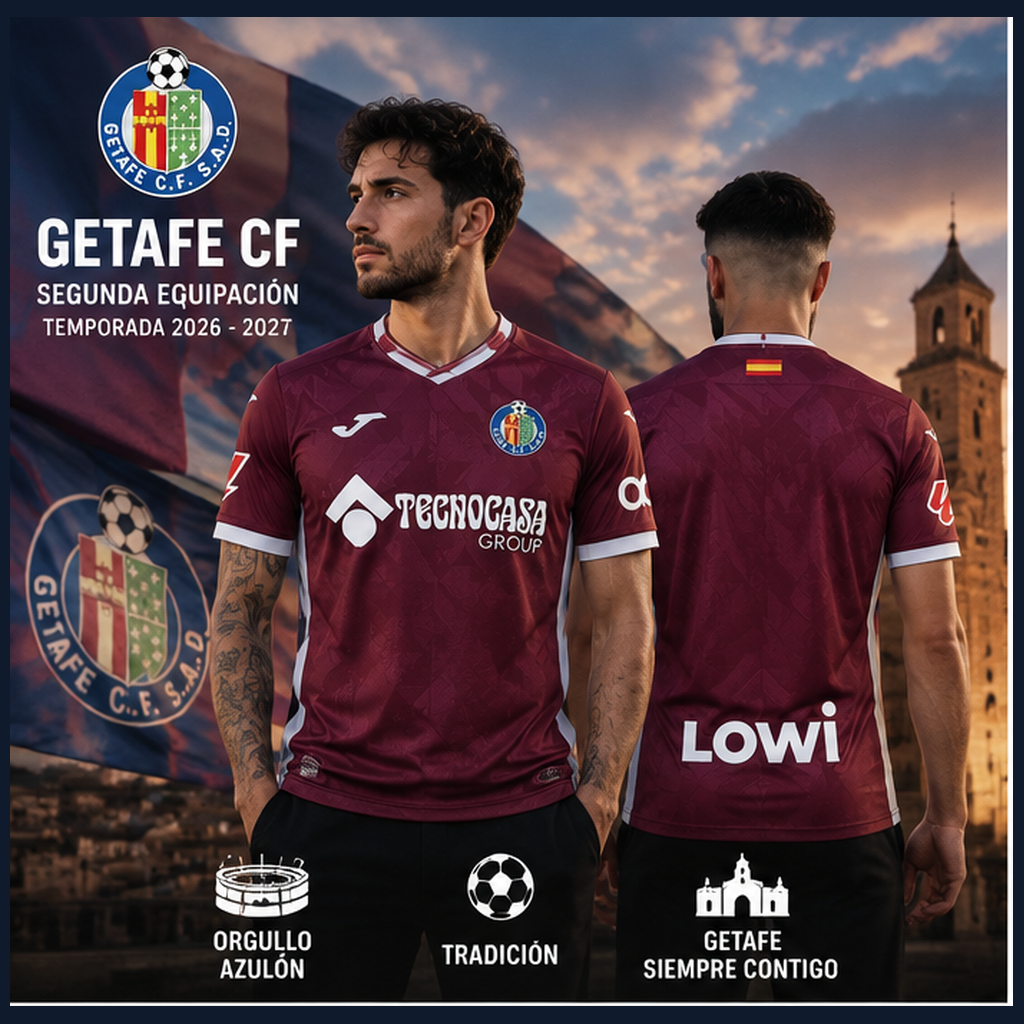 Affiche premium du maillot extérieur Getafe CF 2026-2027 avec deux mannequins masculins, vue de face et de dos