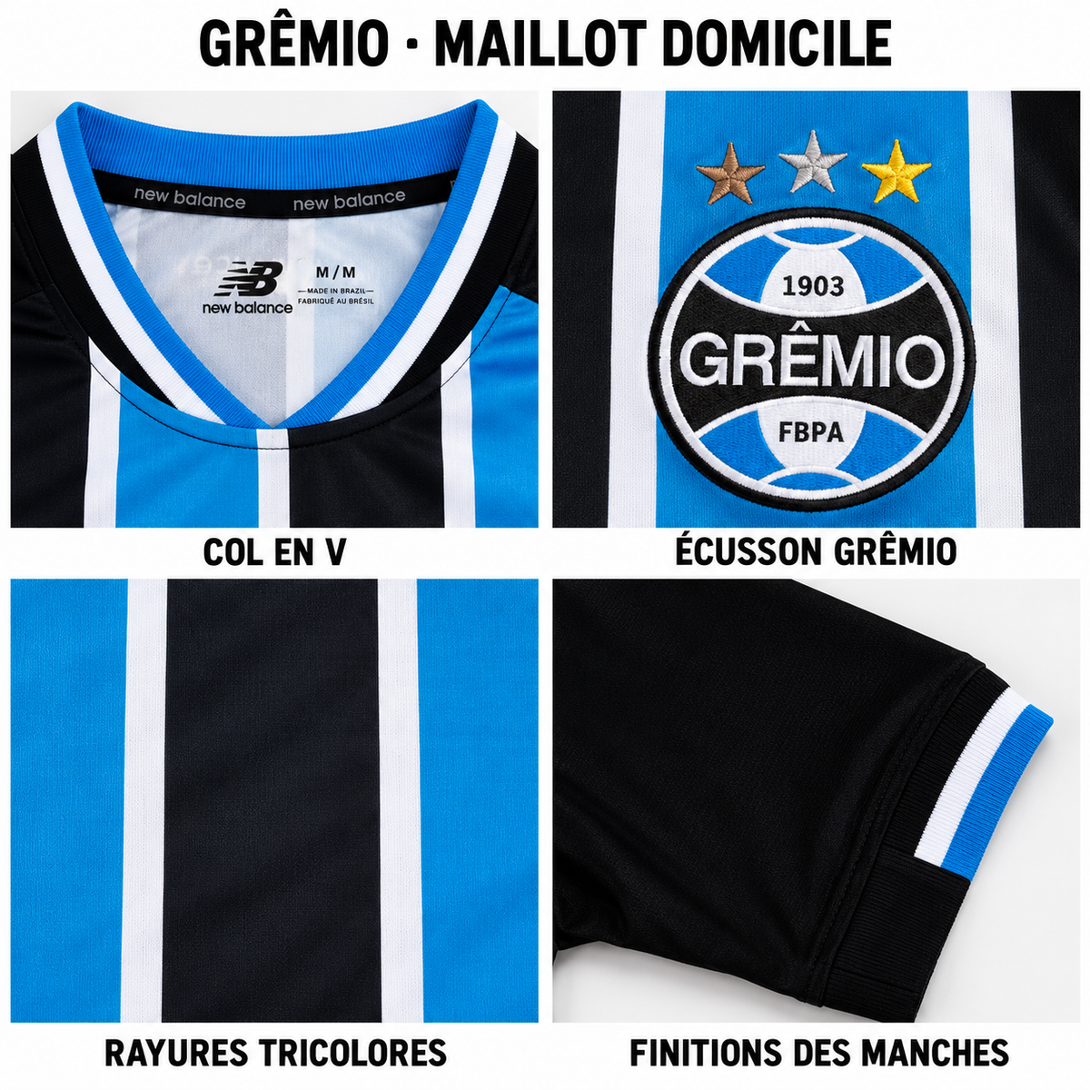 Grêmio domicile – gros plans du col, écusson, rayures et manches