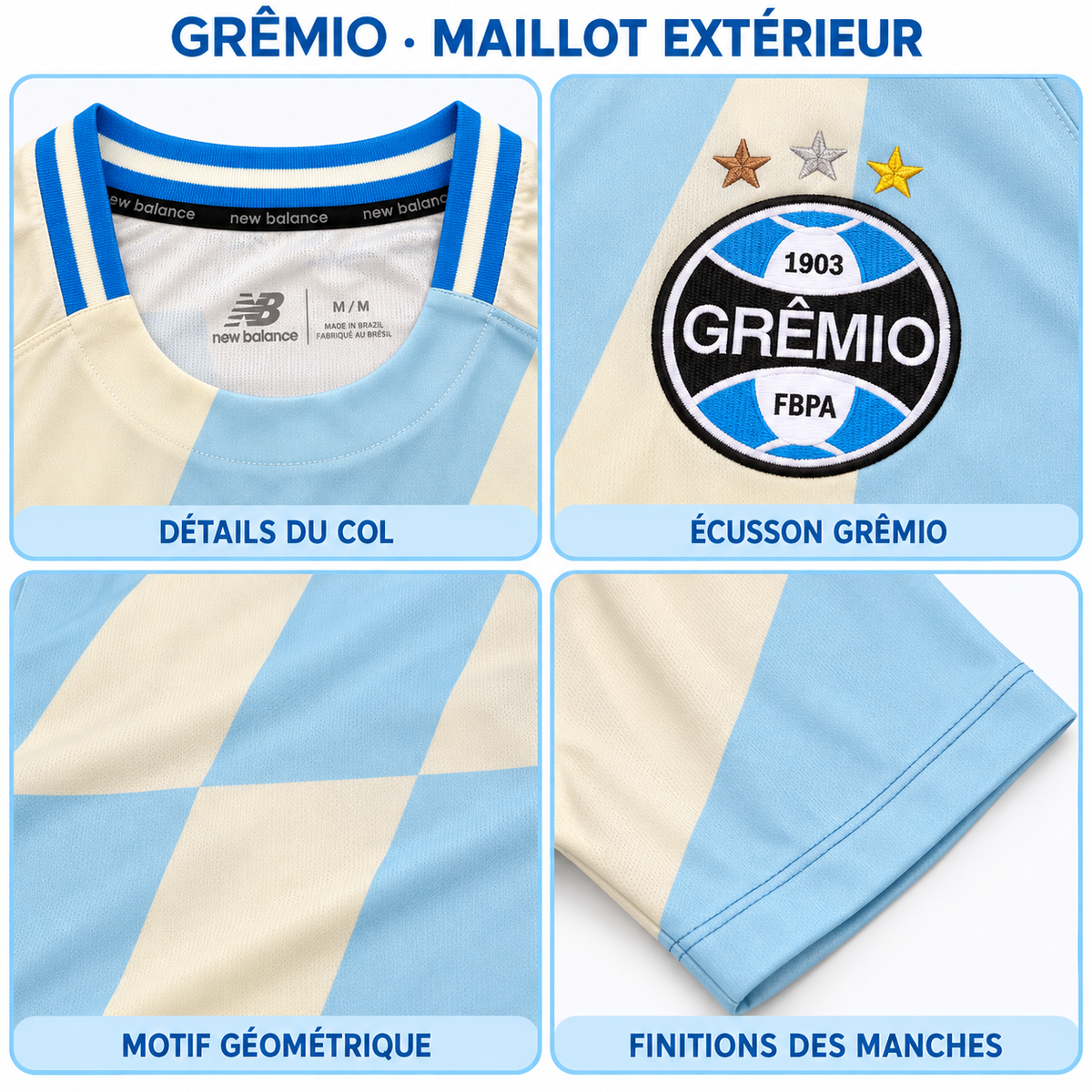 Grêmio extérieur – gros plans du col, écusson, motif et manches