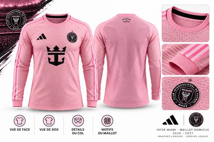 Maillot Inter Miami domicile 2026-2027 manches longues : vues de face et de dos et détails du col poignets et écusson