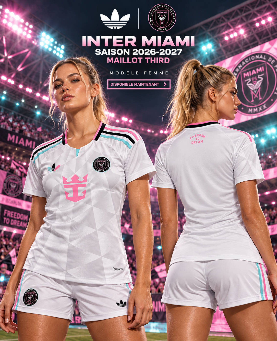 Affiche Inter Miami third femme 2026-2027 — même mannequin de face et de dos