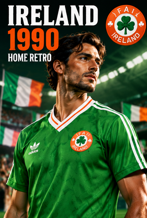Affiche premium maillot rétro Irlande 1990 domicile, mannequin masculin