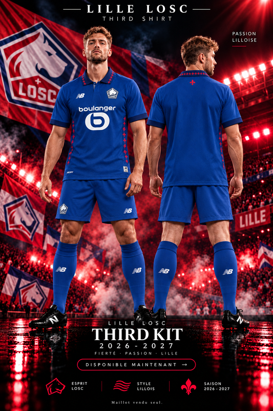 Affiche Lille LOSC Third 2026-2027, mannequin face et dos dans un stade lillois