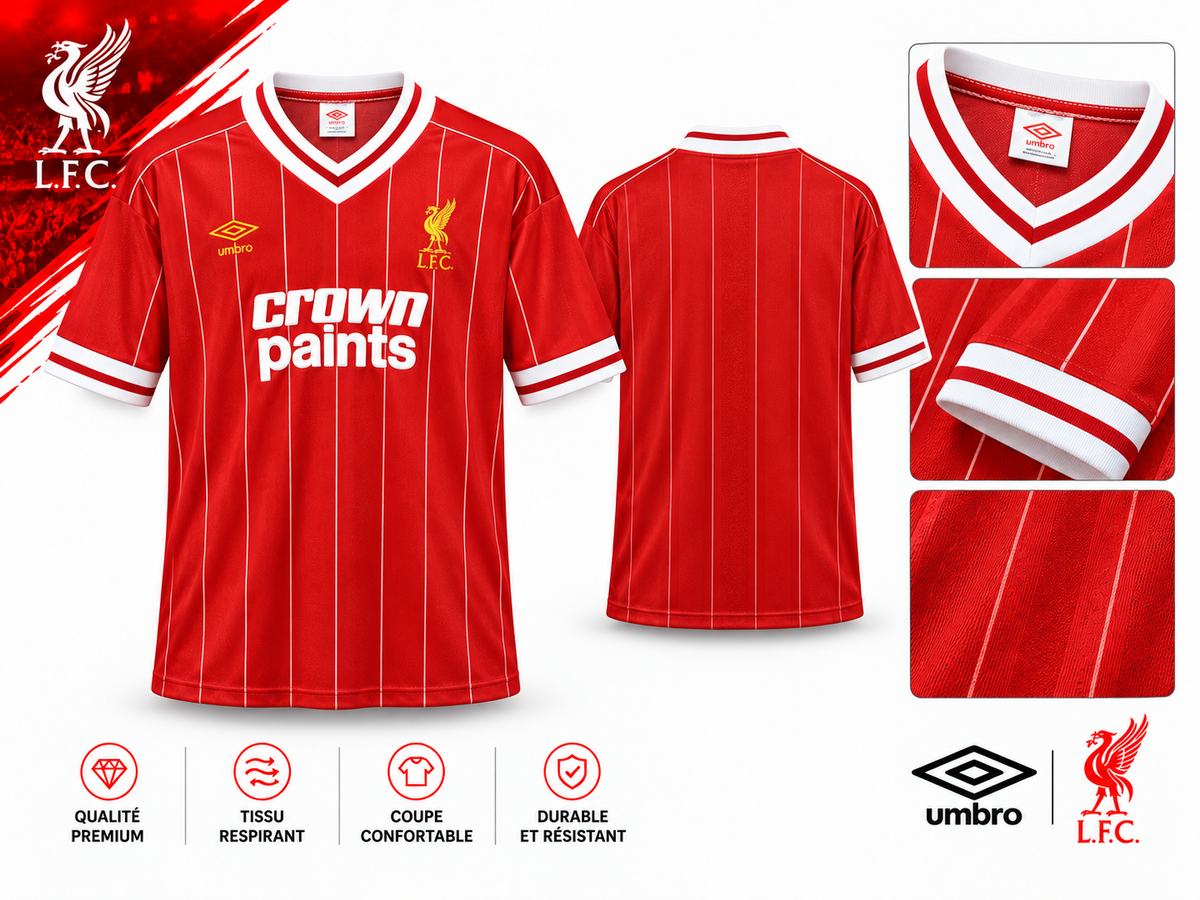 Présentation du maillot Liverpool domicile 1982-1983, col en V, manches et rayures