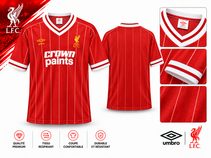 Présentation du maillot Liverpool domicile 1982-1983, col en V, manches et rayures