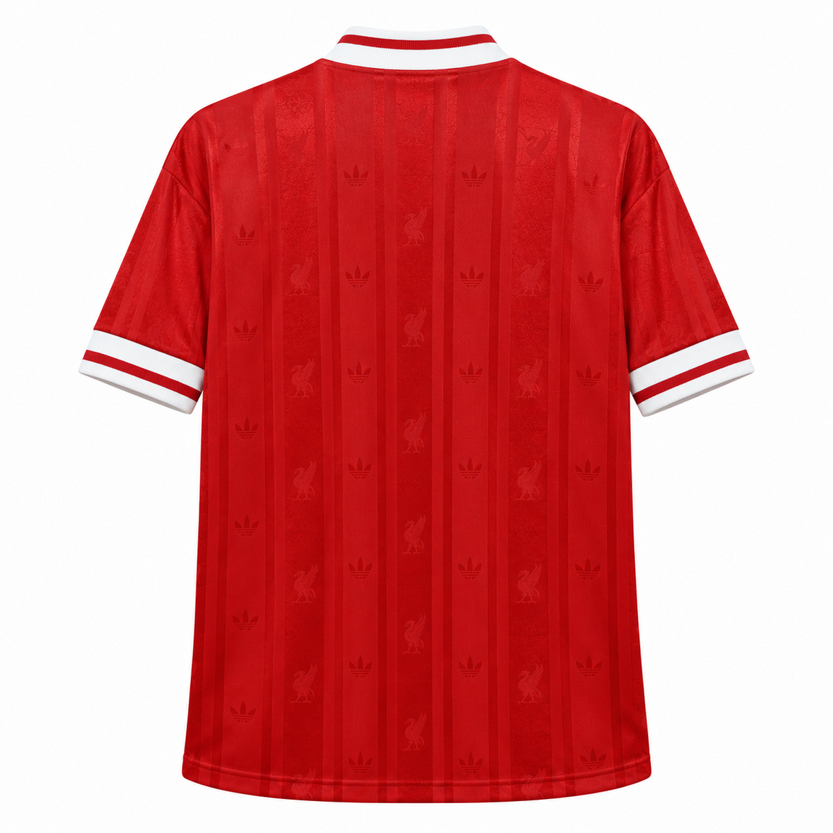Vue arrière du maillot rétro Liverpool rouge, motifs ton sur ton