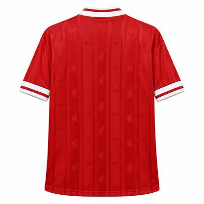 Vue arrière du maillot rétro Liverpool rouge, motifs ton sur ton