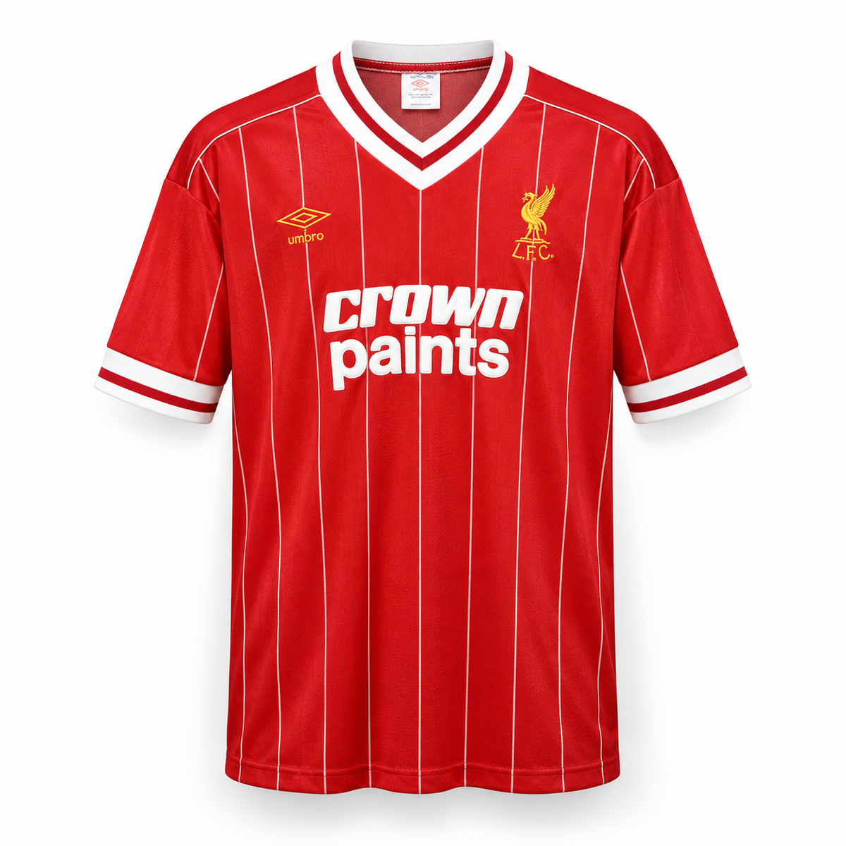 Maillot rétro Liverpool domicile 1982-1983 de face, rouge à fines rayures blanches, sponsor Crown Paints
