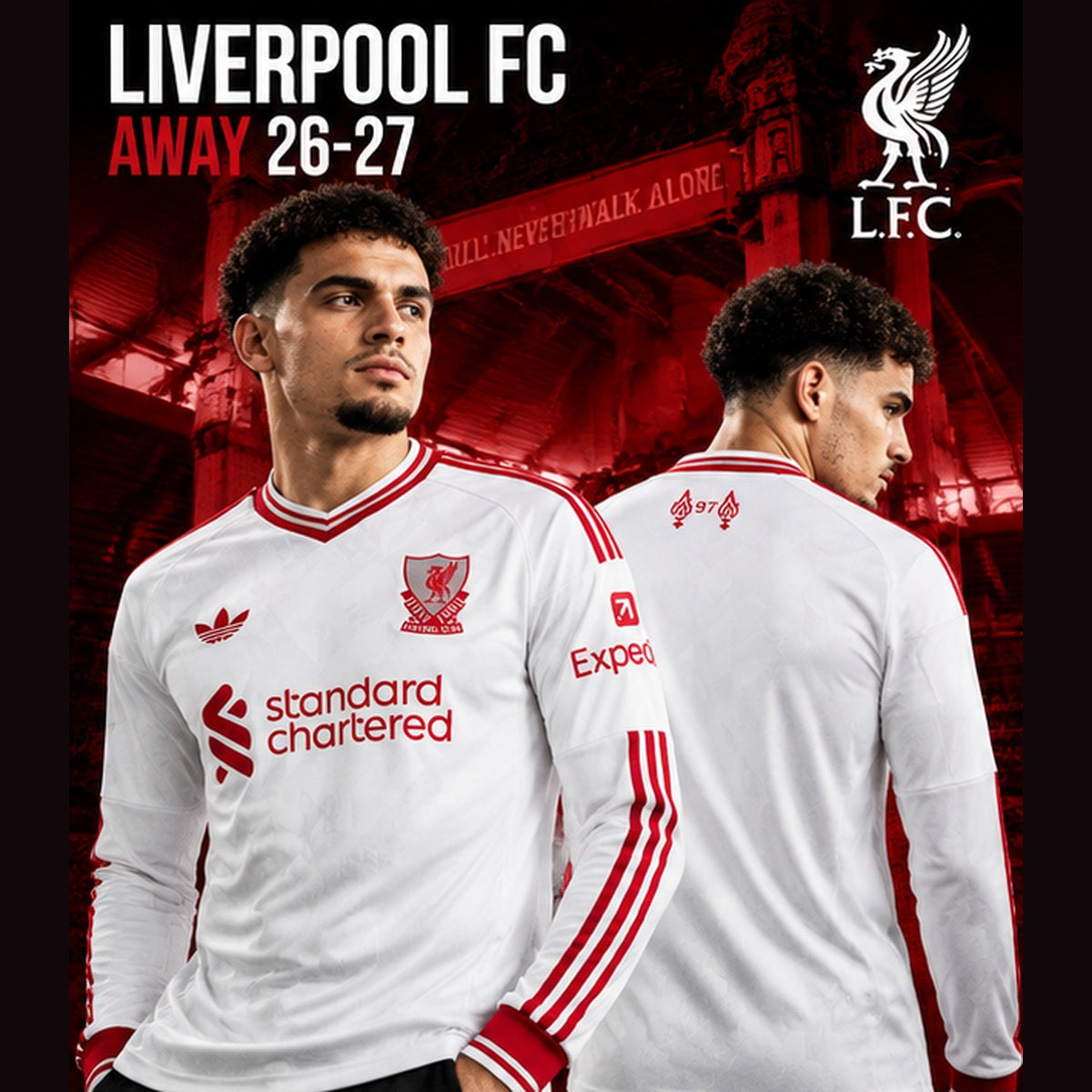 Affiche premium Liverpool FC Away 2026-2027 manches longues, deux vues mannequin