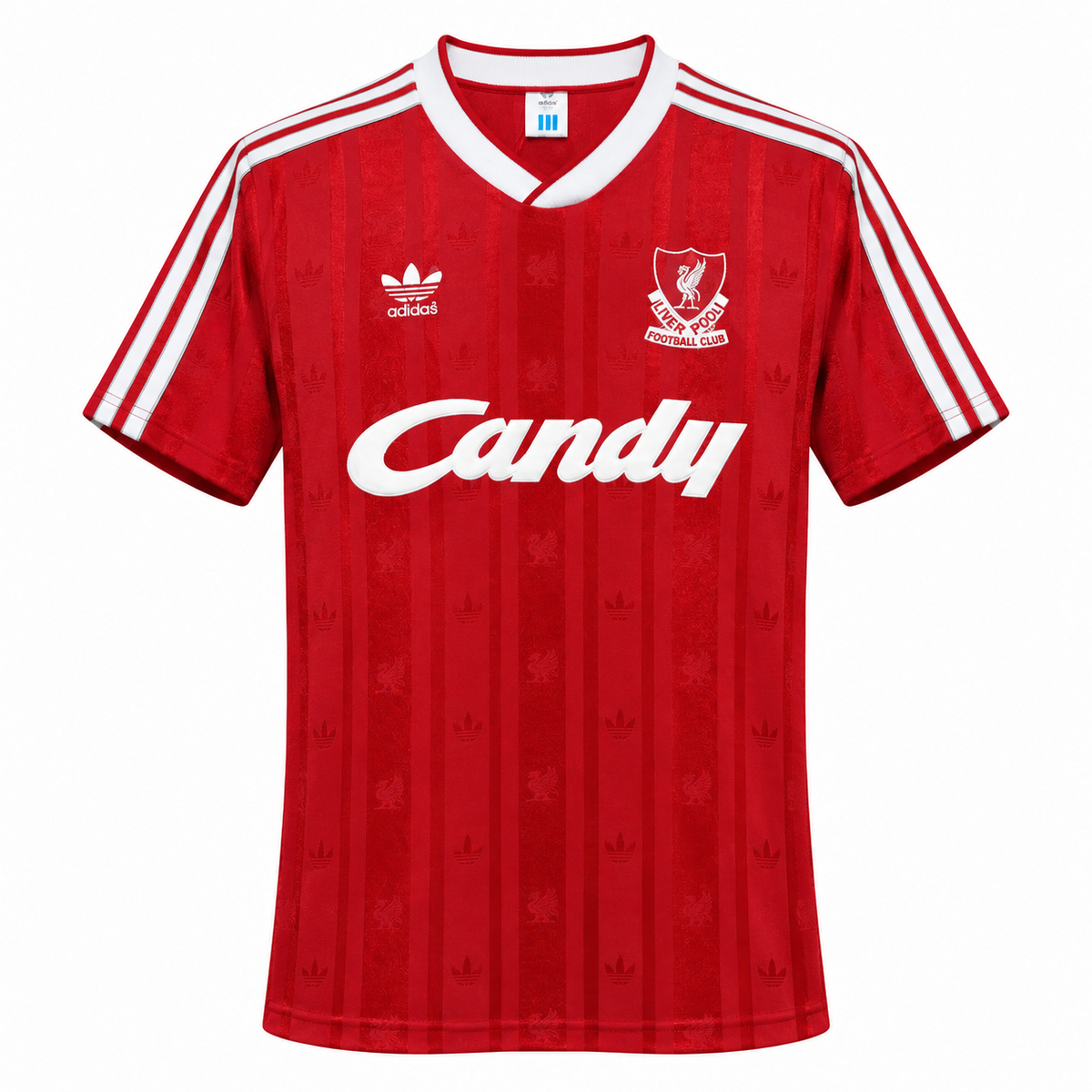 Maillot rétro Liverpool domicile 1988-1989 de face, sponsor Candy blanc