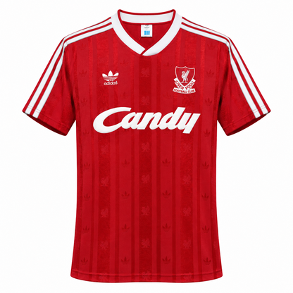 Maillot rétro Liverpool domicile 1988-1989 de face, sponsor Candy blanc