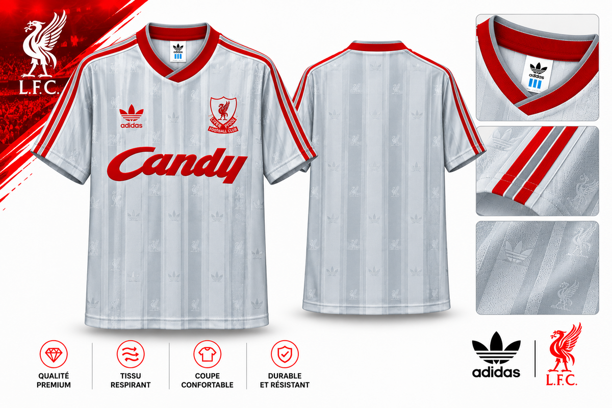 Détails du maillot Liverpool extérieur 1988-1989 : col rouge, bandes des manches et motifs