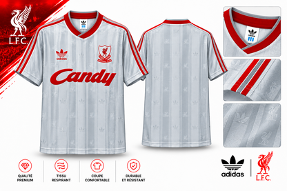 Détails du maillot Liverpool extérieur 1988-1989 : col rouge, bandes des manches et motifs