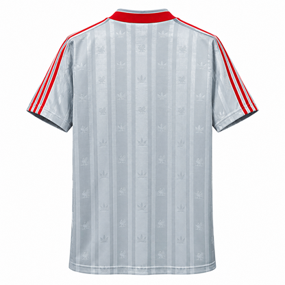 Maillot rétro Liverpool extérieur 1988-1989 de dos, gris à motifs ton sur ton