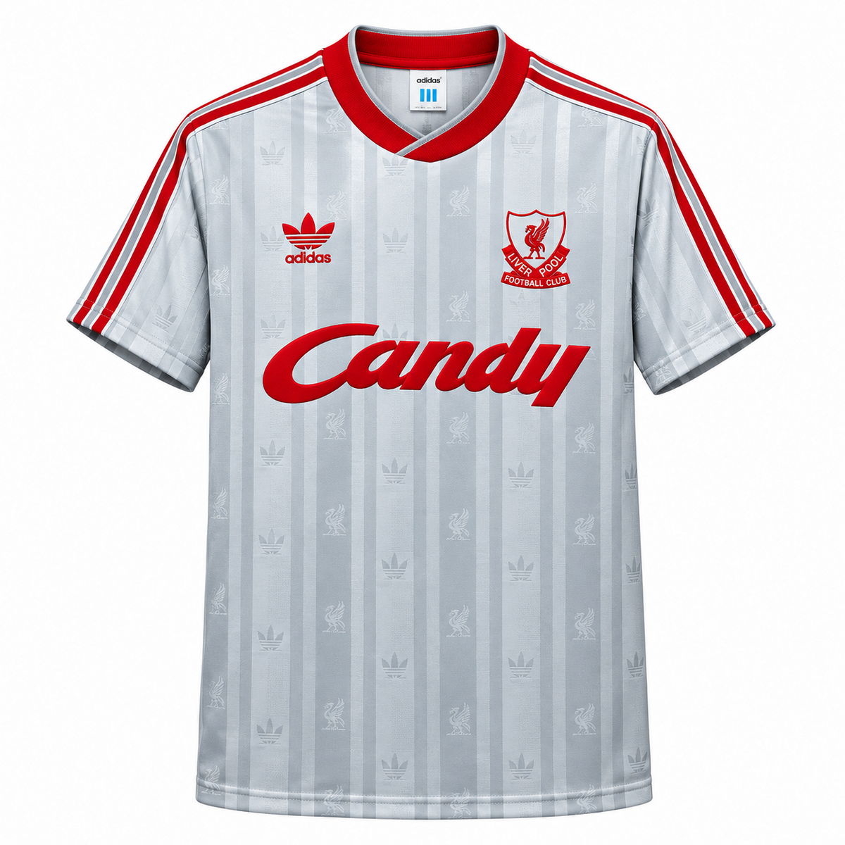 Maillot rétro Liverpool extérieur 1988-1989 de face, gris et rouge, sponsor Candy