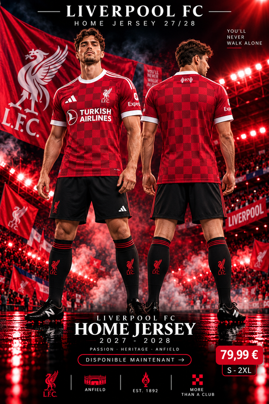 Liverpool FC Home Jersey 2027-2028 affiche premium rouge face et dos