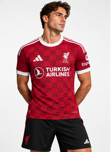 Maillot Liverpool FC 2027 2028 porté par mannequin masculin