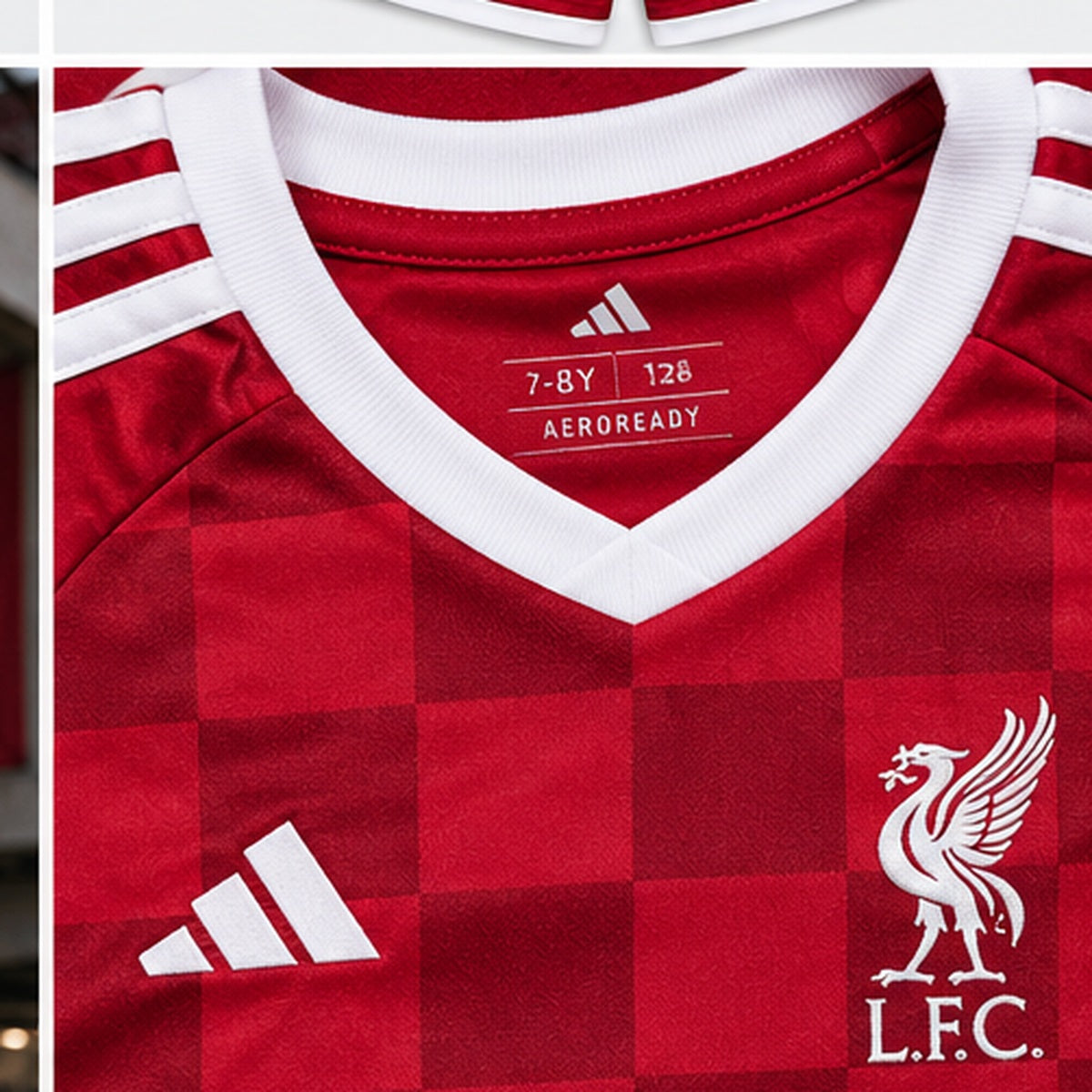 Kit enfant Liverpool FC 2027/28 rouge à damier, maillot et short – detail