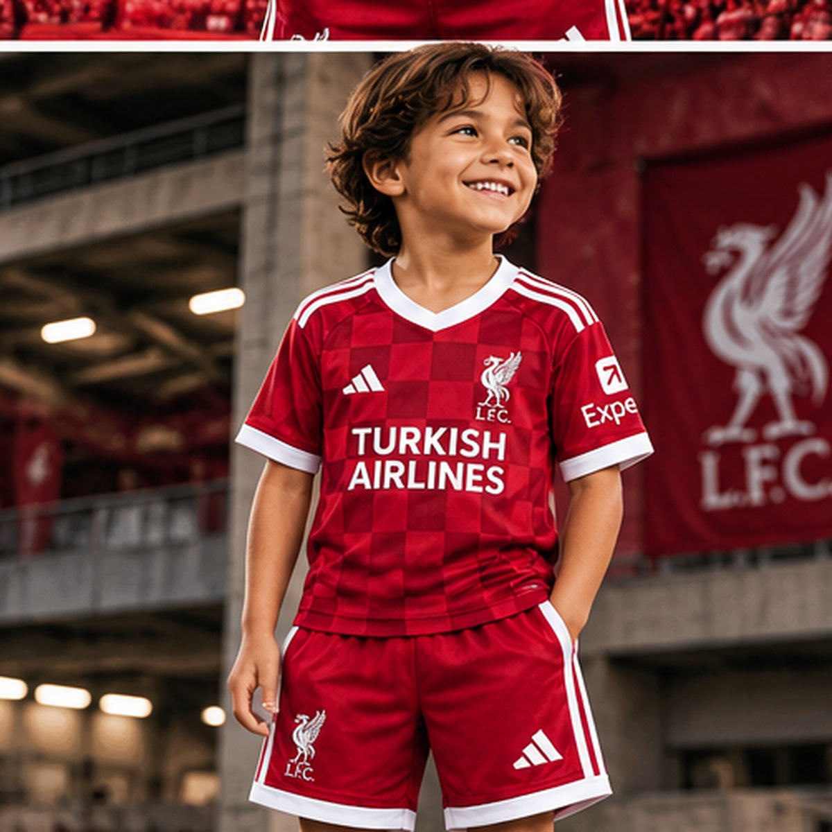 Kit enfant Liverpool FC 2027/28 rouge à damier, maillot et short – mannequin-face