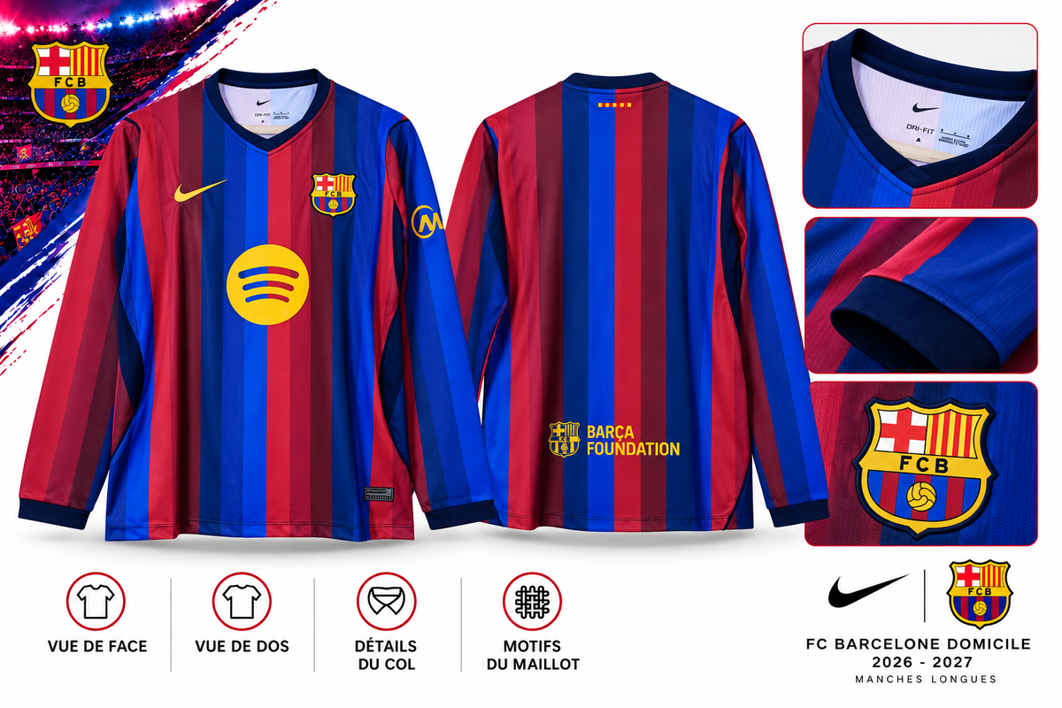 Maillot FC Barcelone domicile 2026-2027 – Manches longues – vue d’ensemble face, dos et détails