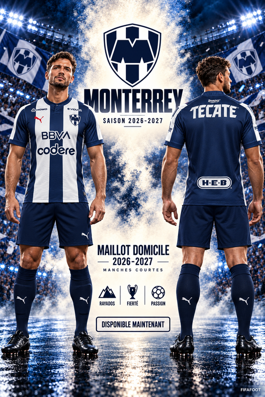 Affiche maillot Monterrey domicile 2026-2027 porté de face et de dos par un mannequin brun