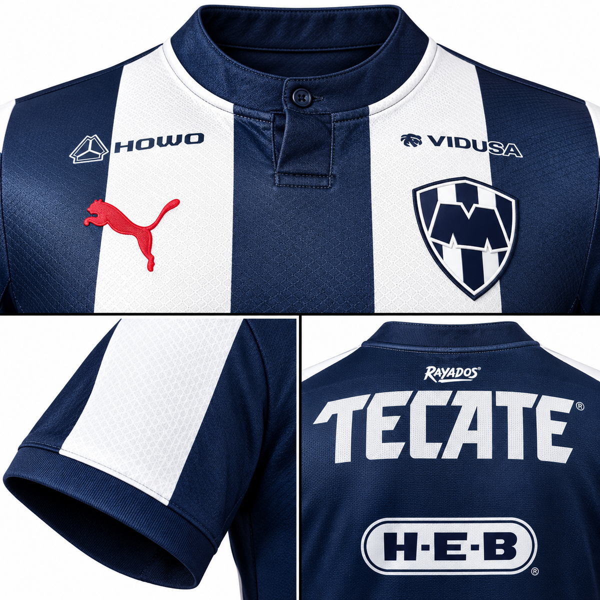 Détails du maillot Monterrey domicile 2026-2027 col à bouton écusson tissu et manches