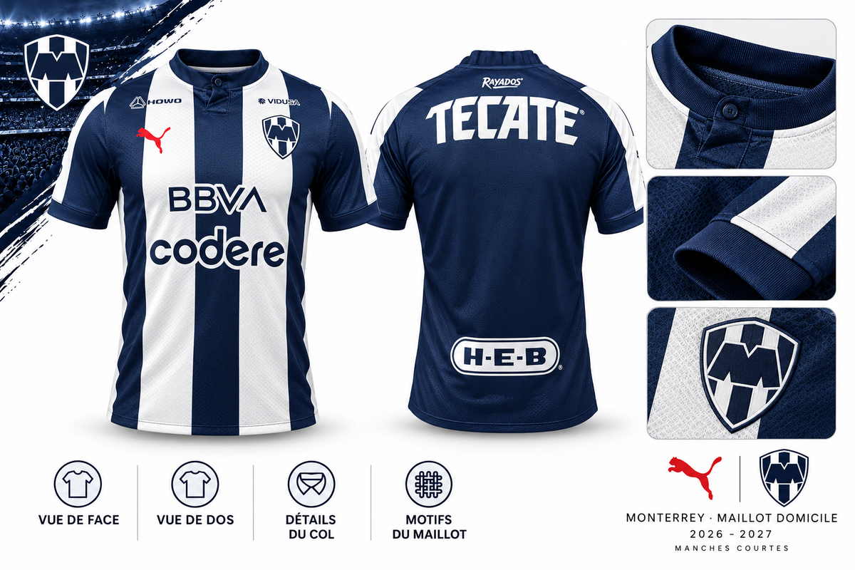 Présentation maillot Monterrey domicile 2026-2027 face dos et détails du col manches et écusson