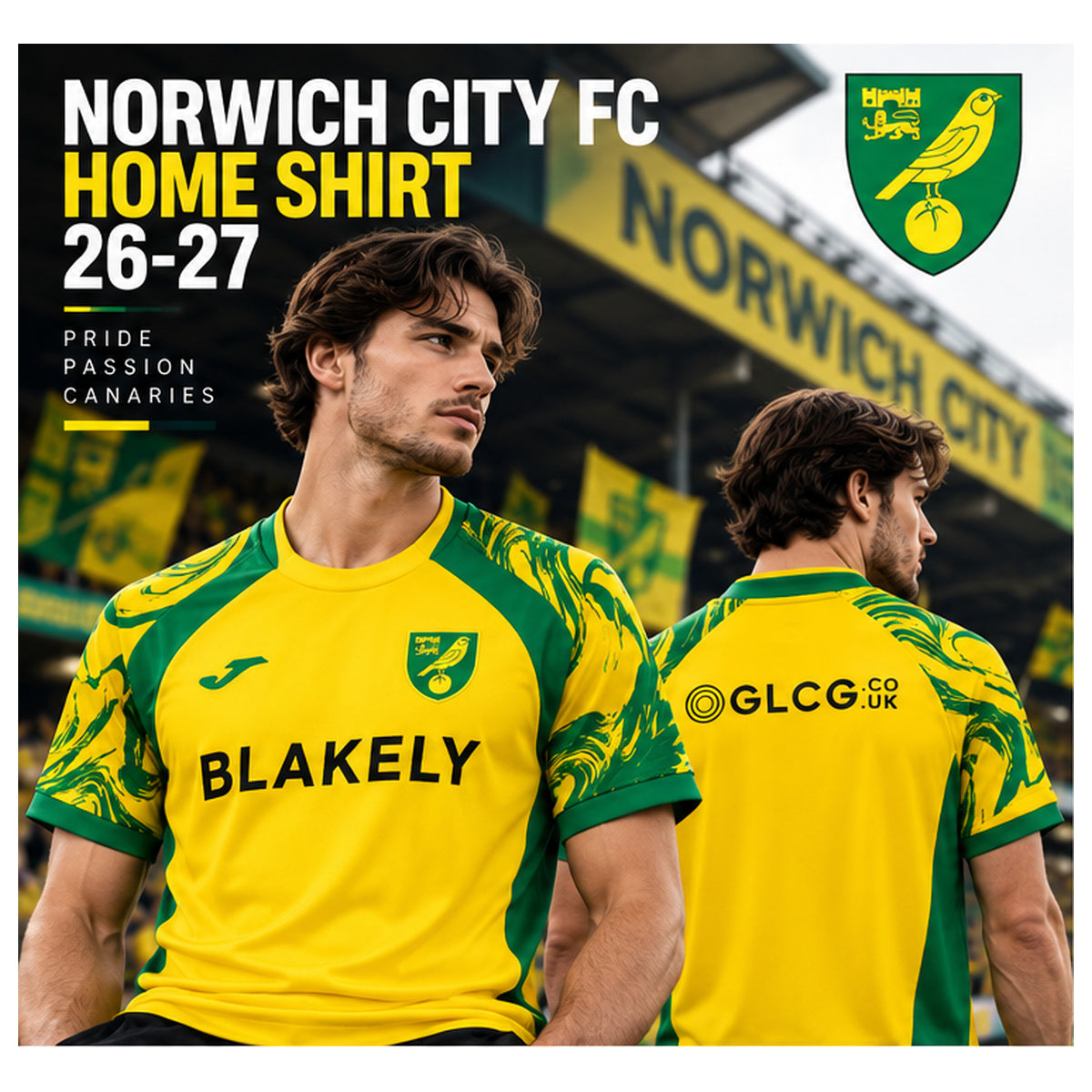 Affiche Norwich City 2026-2027 maillot domicile jaune vert, mannequins face et dos