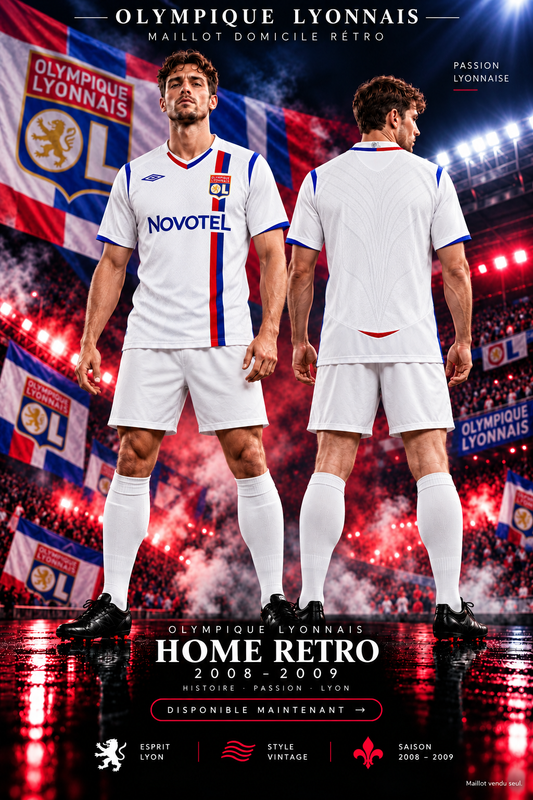OL domicile rétro 2008-2009 – affiche verticale face et dos, maillot vendu seul