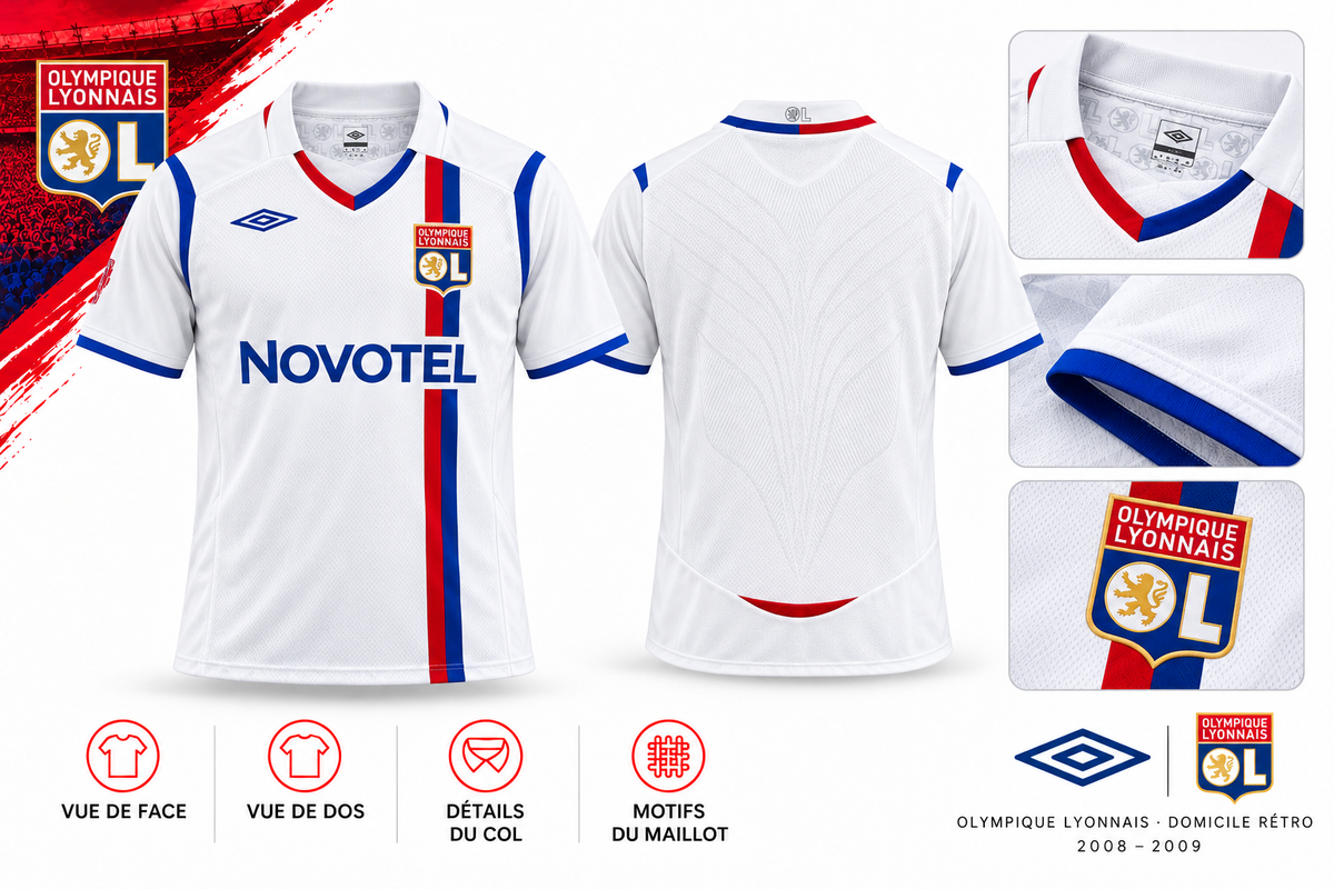 Olympique Lyonnais domicile rétro 2008-2009 – face, dos et détails du col, de la manche et de l’écusson
