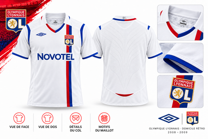 Olympique Lyonnais domicile rétro 2008-2009 – face, dos et détails du col, de la manche et de l’écusson