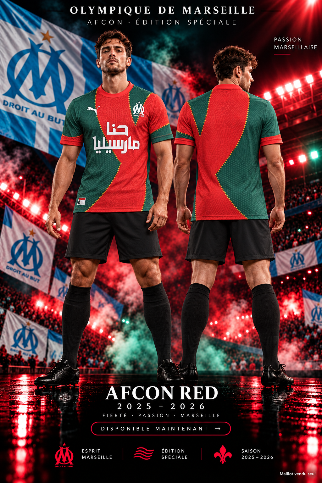 Marseille AFCON rouge édition spéciale 2025-2026 – affiche illustrative, maillot vendu seul