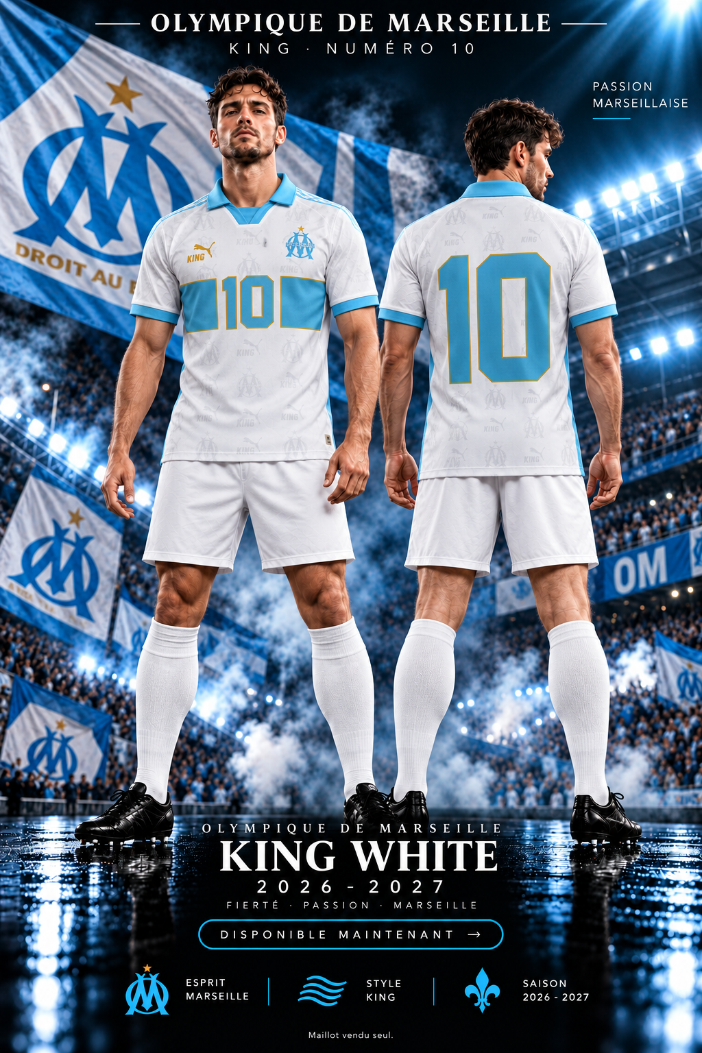 Marseille KING numéro 10 blanc 2026-2027 – affiche illustrative, maillot vendu seul