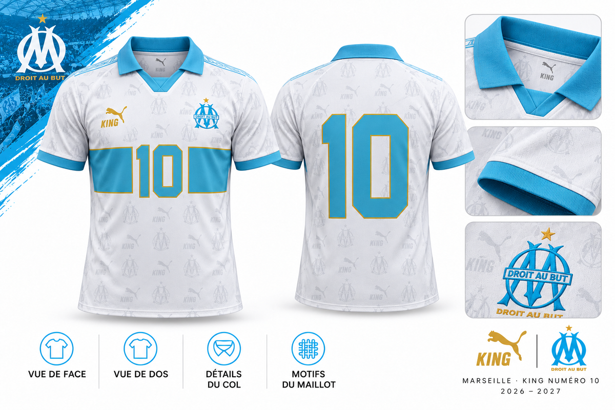 Marseille KING numéro 10 blanc 2026-2027 – face, dos et détails