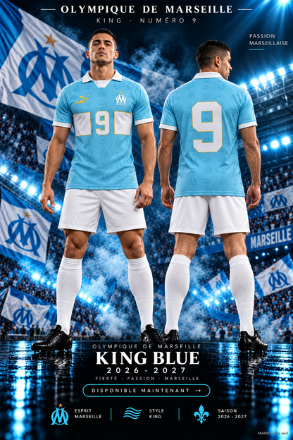 Marseille KING numéro 9 bleu 2026-2027 – affiche illustrative, maillot vendu seul