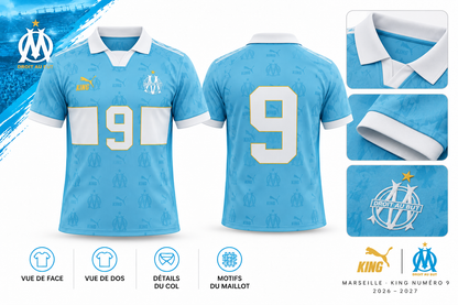 Marseille KING numéro 9 bleu 2026-2027 – face, dos et détails