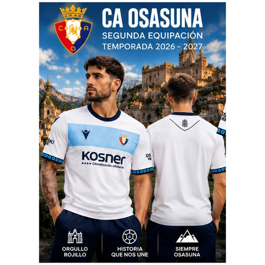 Affiche premium CA Osasuna Away 2026-2027 avec deux mannequins masculins de face et de dos