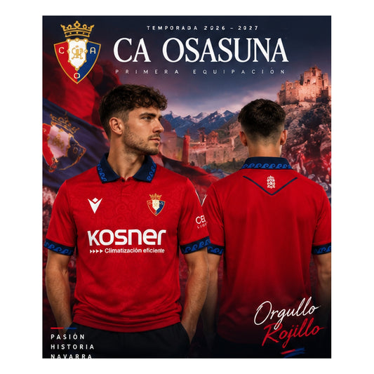 Affiche premium CA Osasuna domicile 2026-2027, deux mannequins masculins de face et de dos