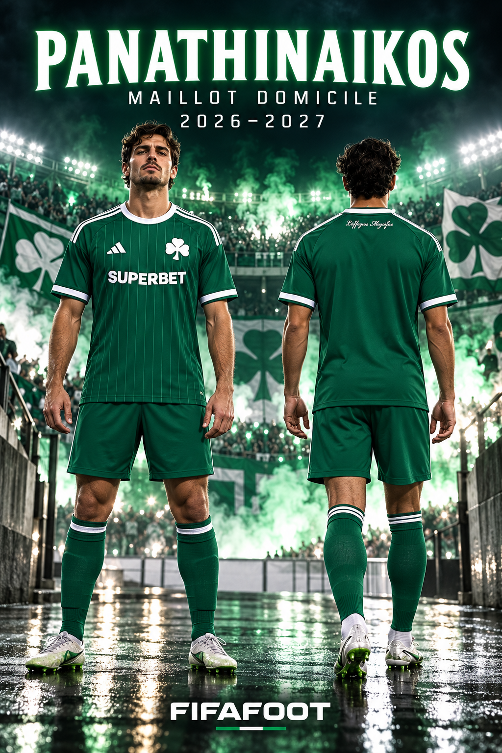 Maillot Panathinaïkos domicile 2026-2027 vert et blanc – affiche FIFAFOOT, vues face et dos