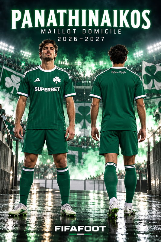 Maillot Panathinaïkos domicile 2026-2027 vert et blanc – affiche FIFAFOOT, vues face et dos