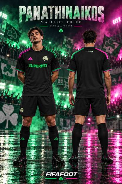 Affiche FIFAFOOT du maillot Panathinaïkos third 2026-2027 noir, vert et rose – face et dos