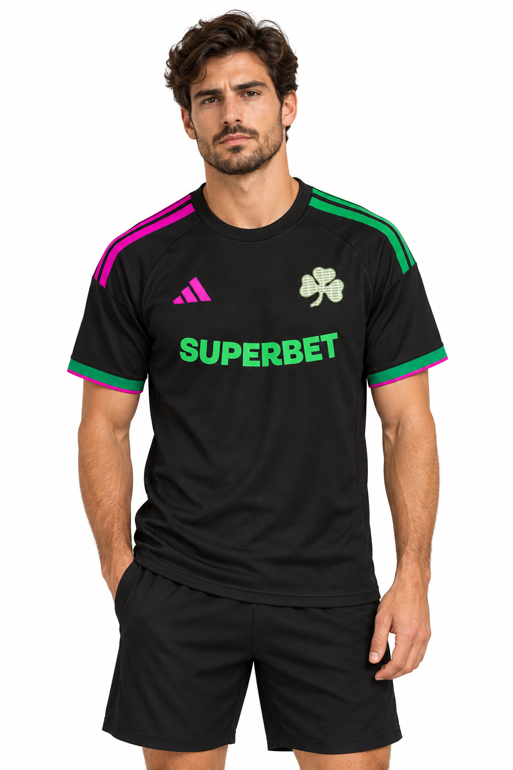 Maillot Panathinaïkos third 2026-2027 noir, vert et rose – porté de face