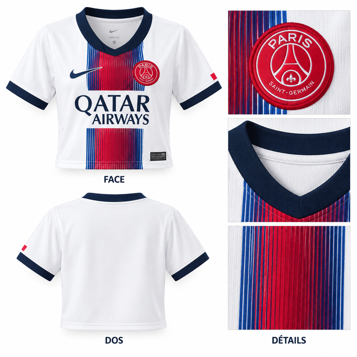 PSG extérieur cropped femme 2026-2027, face dos et détails écusson col et bande centrale sur fond blanc