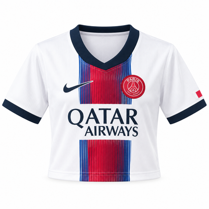 Maillot PSG extérieur cropped femme 2026-2027, vue de face sur fond blanc