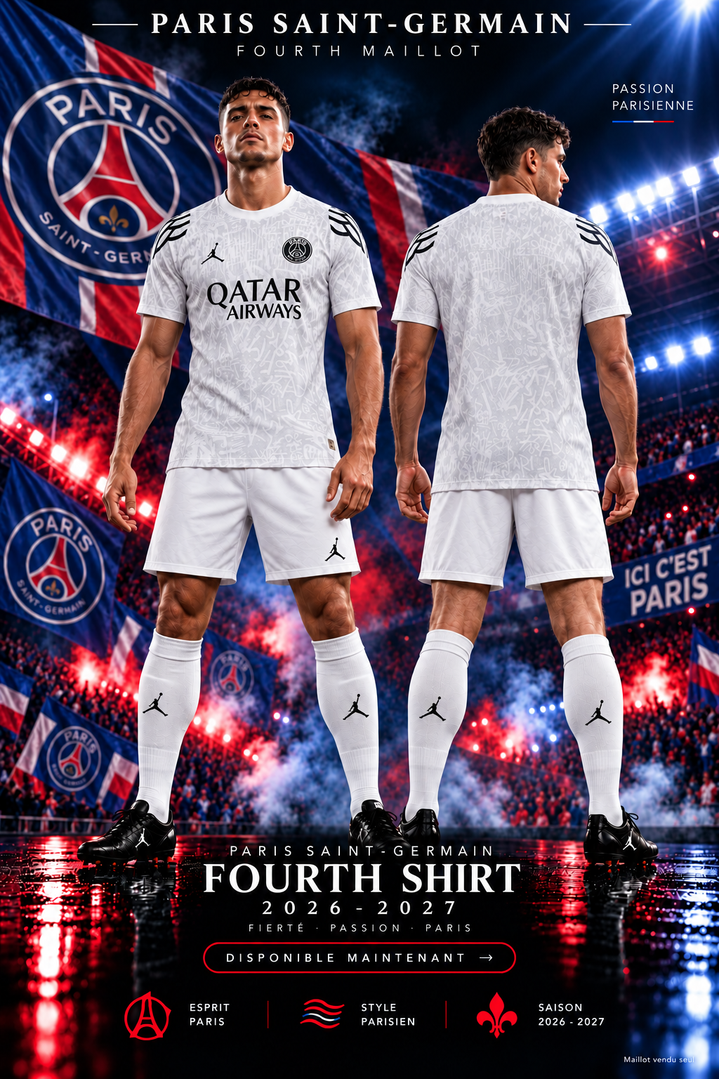 Affiche Paris Saint-Germain FOURTH MAILLOT 2026-2027, mannequin face et dos dans un stade