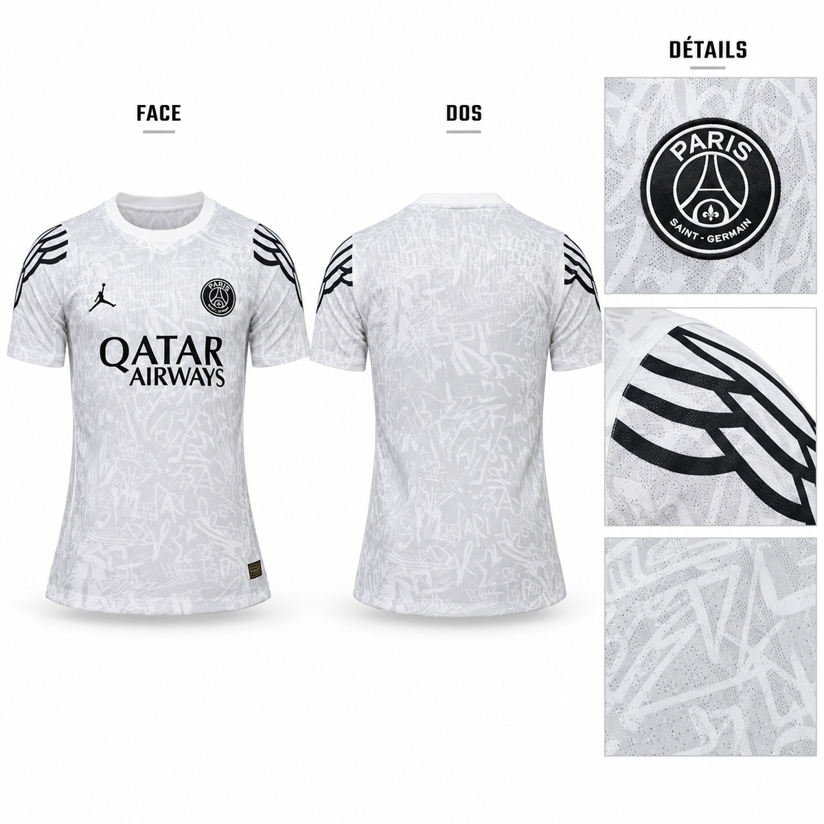 Maillot PSG quatrième 2026-2027, présentation face, dos, écusson, épaules et motif sur fond blanc