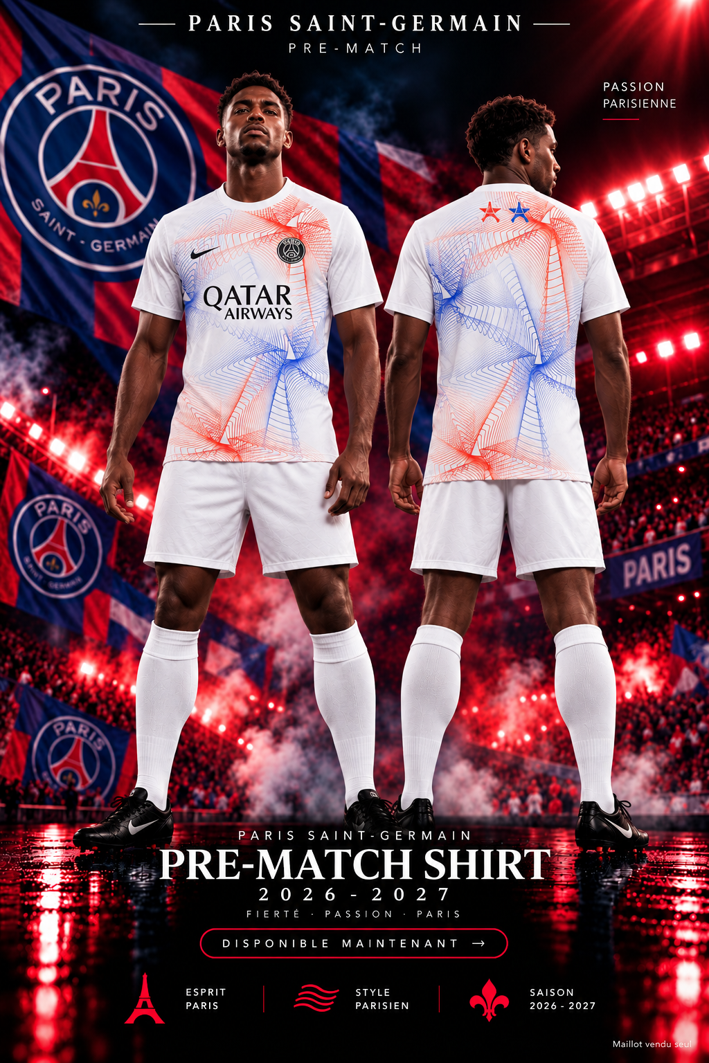 Affiche PSG Pre-Match 2026-2027, mannequin face et dos dans un stade aux couleurs du PSG