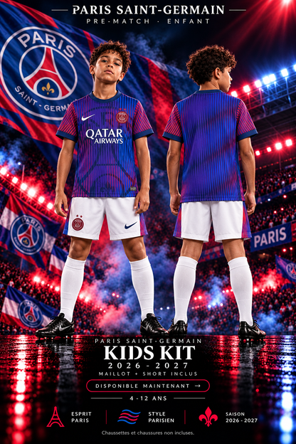 Ensemble PSG Pre-Match enfant 2026-2027, maillot et short inclus, affiche face et dos, 4 à 12 ans