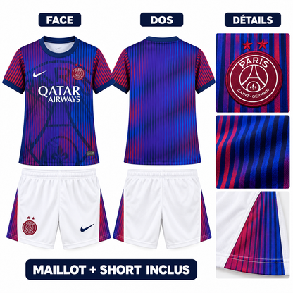 Ensemble PSG Pre-Match enfant, vues face dos et détails sur fond blanc, maillot et short inclus